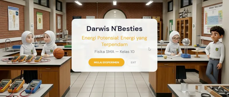 Layar pembuka game edukasi Darwis N'Besties: Energi Potensial, Fisika SMA Kelas 10